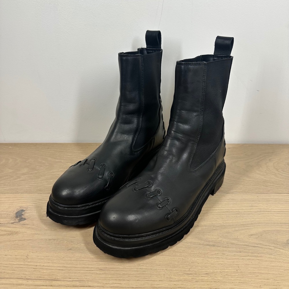 Ted Baker Boots Women 10 Black Leather Ankle Chelsea Lace Detail Lug Sole